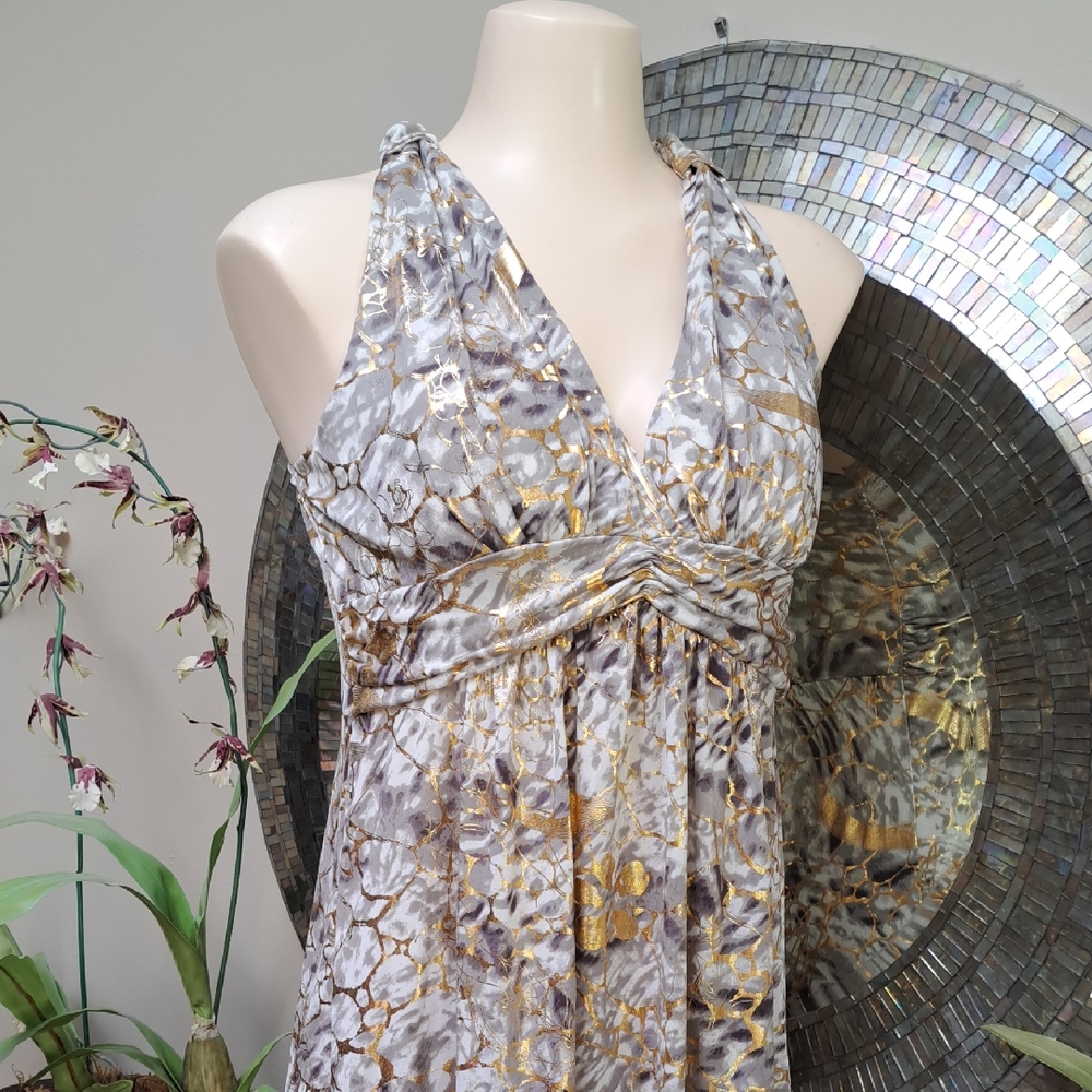 Elegant Gray and Gold Halter Dress
